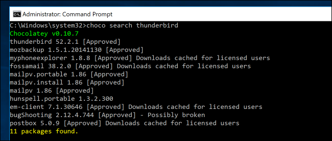 Результаты поиска пакета Thunderbird через choco search