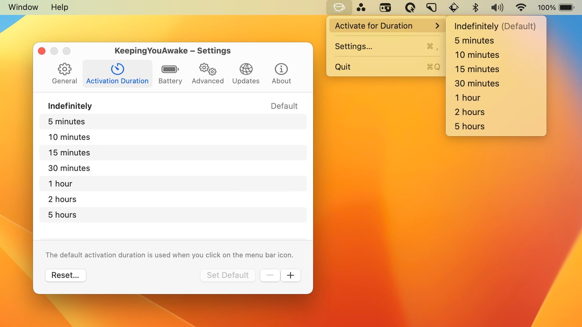 Иконка приложения KeepingYouAwake в строке меню на macOS Ventura