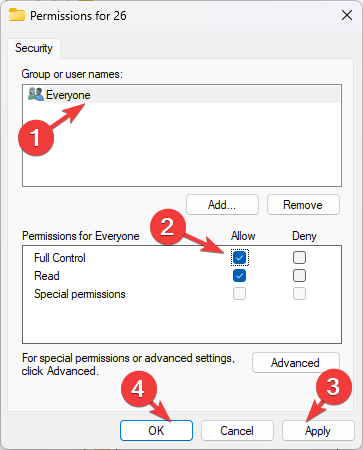 Снимок экрана: установка полного доступа для группы Все