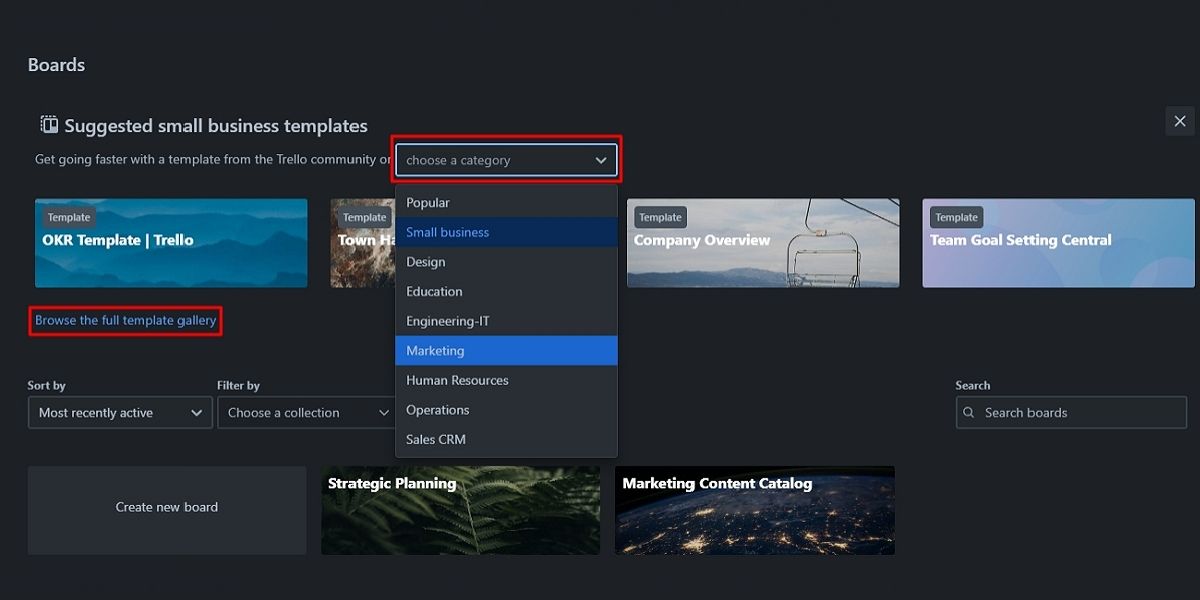 Выбор шаблона из библиотеки Trello