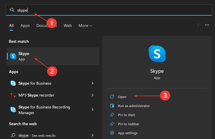 Запуск приложения — поиск Skype через меню Пуск