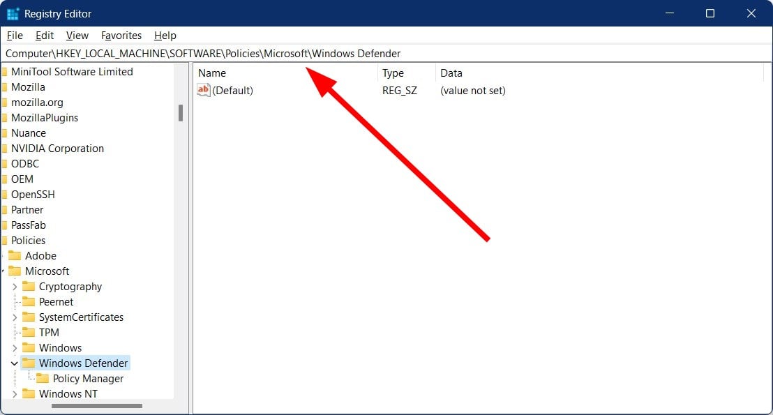 Раздел реестра Windows Defender в ветке Policies