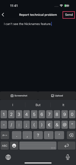 Форма для описания проблемы и кнопка Отправить в отчёте Instagram