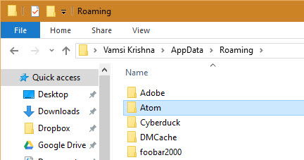 Папка Roaming в AppData со списком приложений