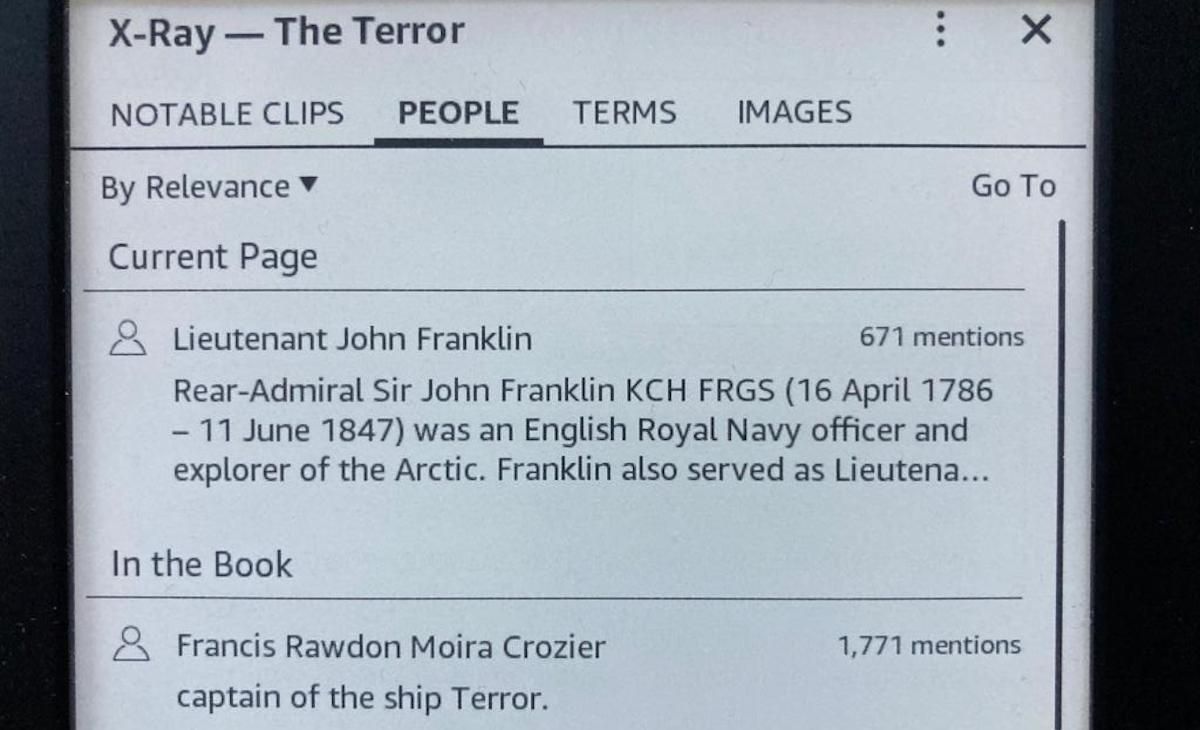 X-Ray на Kindle: раздел «Персонажи».