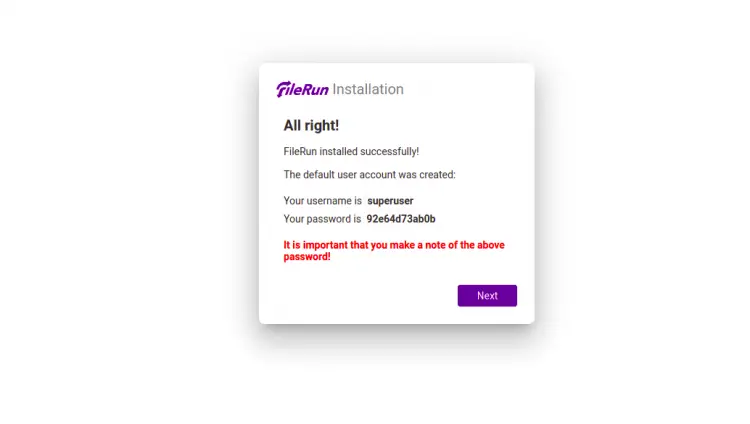 Успешная установка и учетные данные FileRun