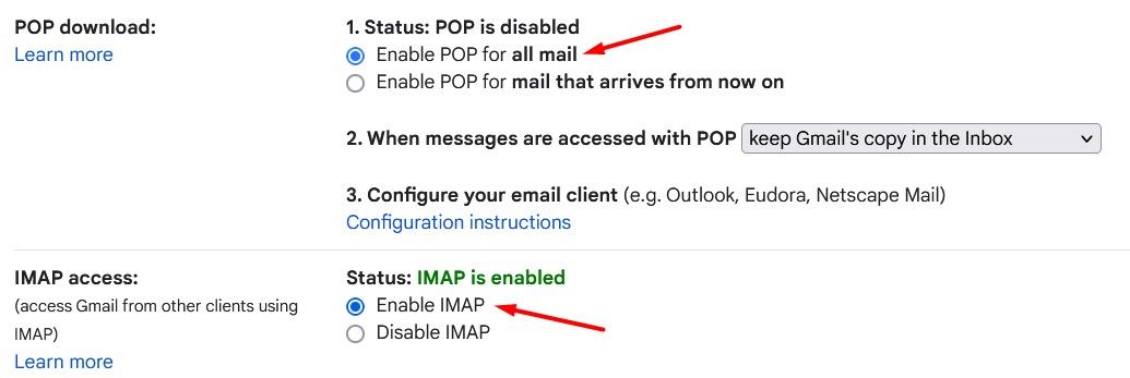 Опция IMAP в Gmail.