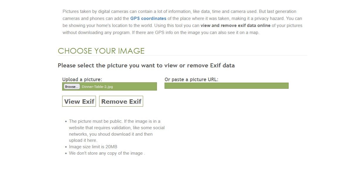 Removing location data using online tool