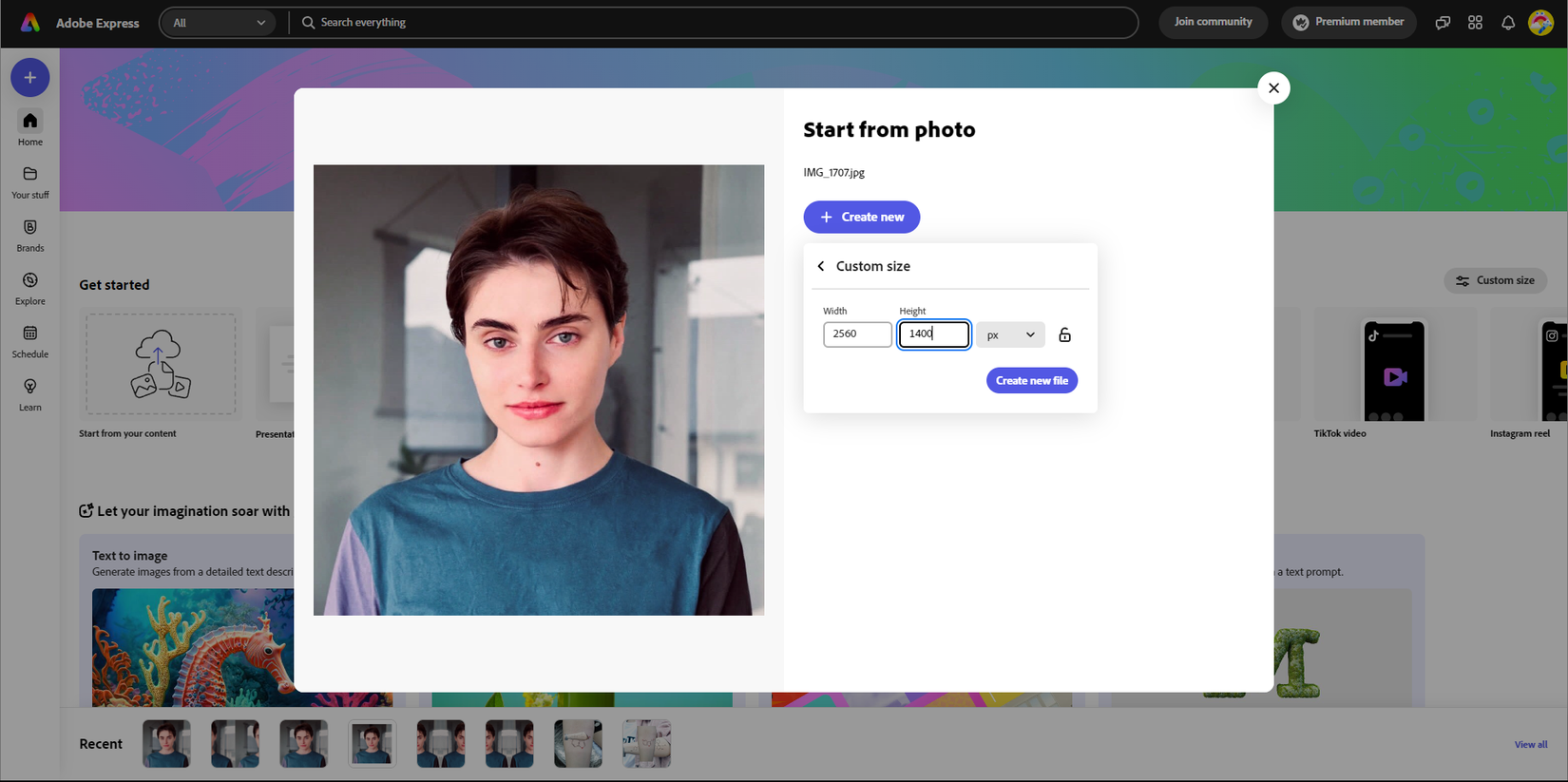 Загрузка изображения и настройка размеров в Adobe Express