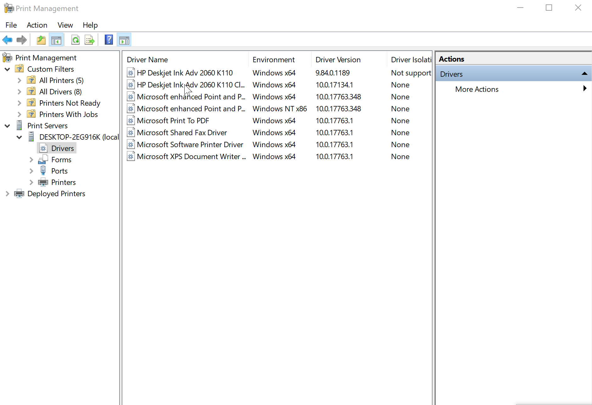Утилита Print Management с разделом драйверов принтера