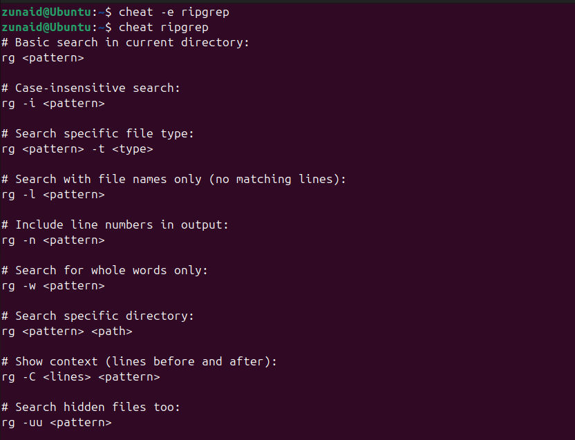 Creating a custom cheatsheet for the ripgrep command using cheat.