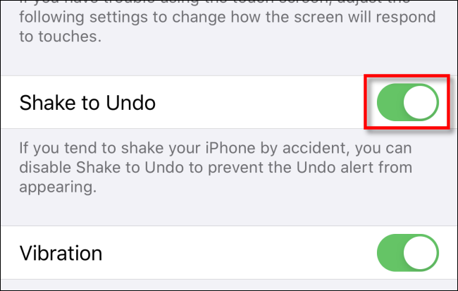 Переключатель Shake To Undo в Настройках на iPhone или iPad