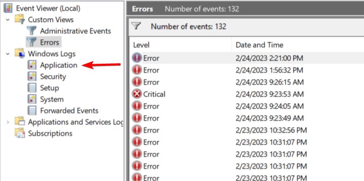 Раздел Приложения в Просмотре событий