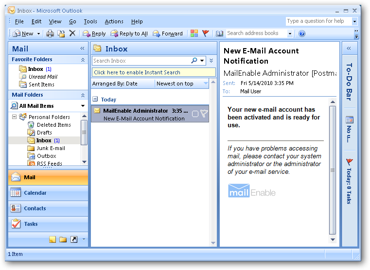 Приветственное письмо от MailEnable после настройки