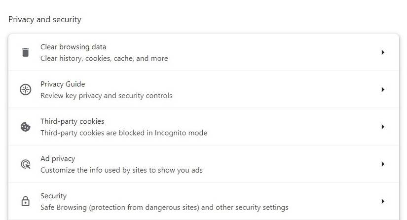 Конфиденциальность и безопасность в настройках Chrome