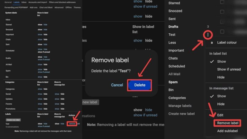 Удаление метки из веб‑версии Gmail в мобильном браузере