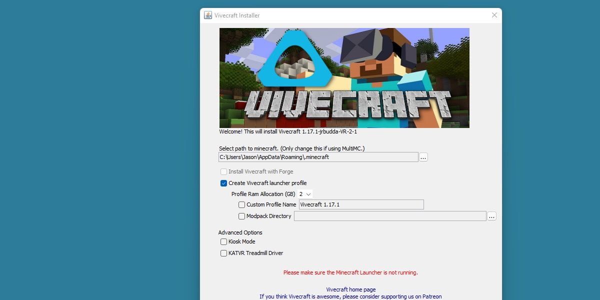 скриншот установщика Vivecraft