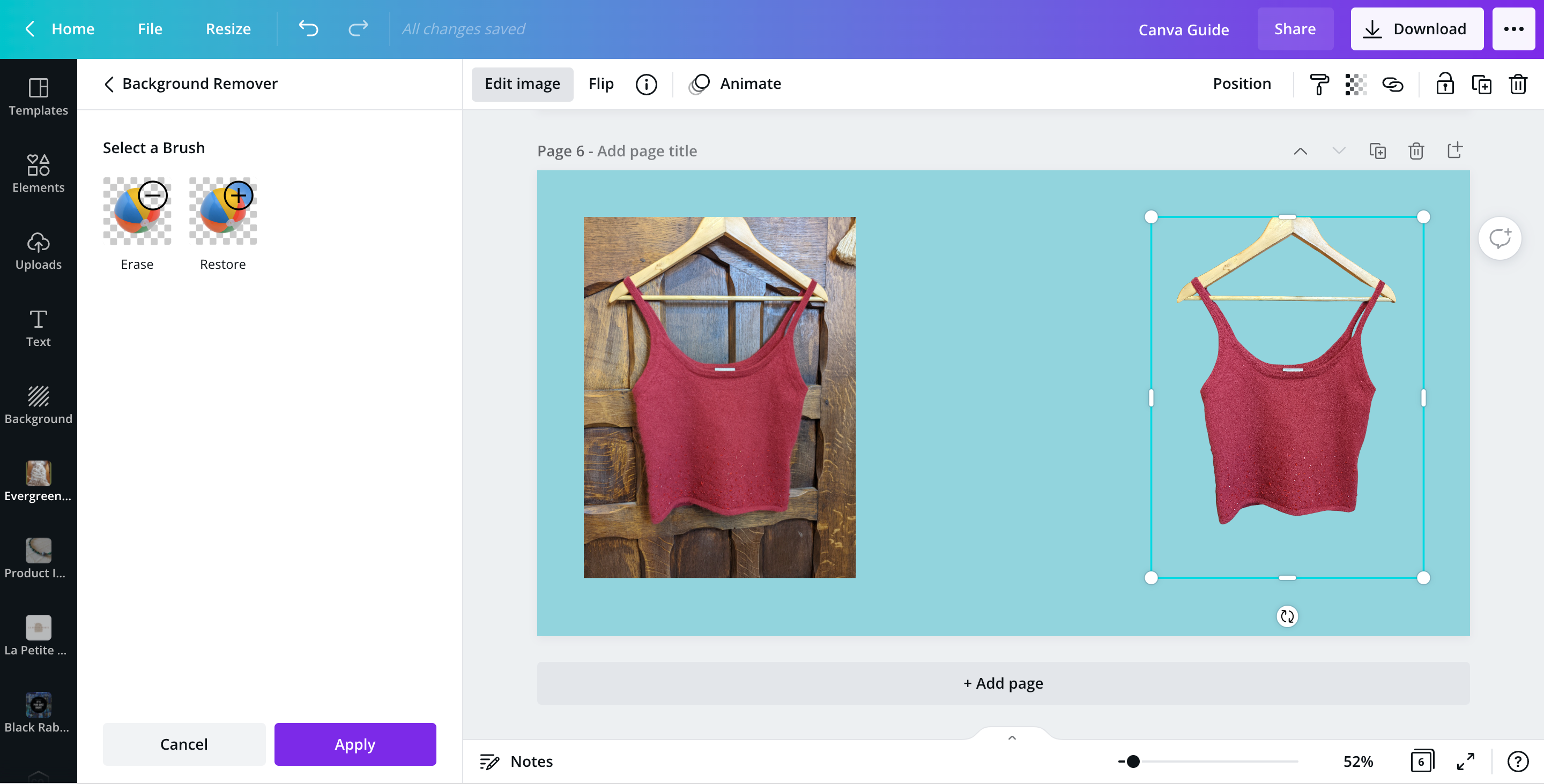 Применение инструмента удаления фона в Canva — прогресс результата