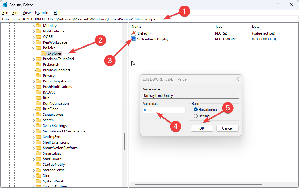Значение DWORD установлено в 0