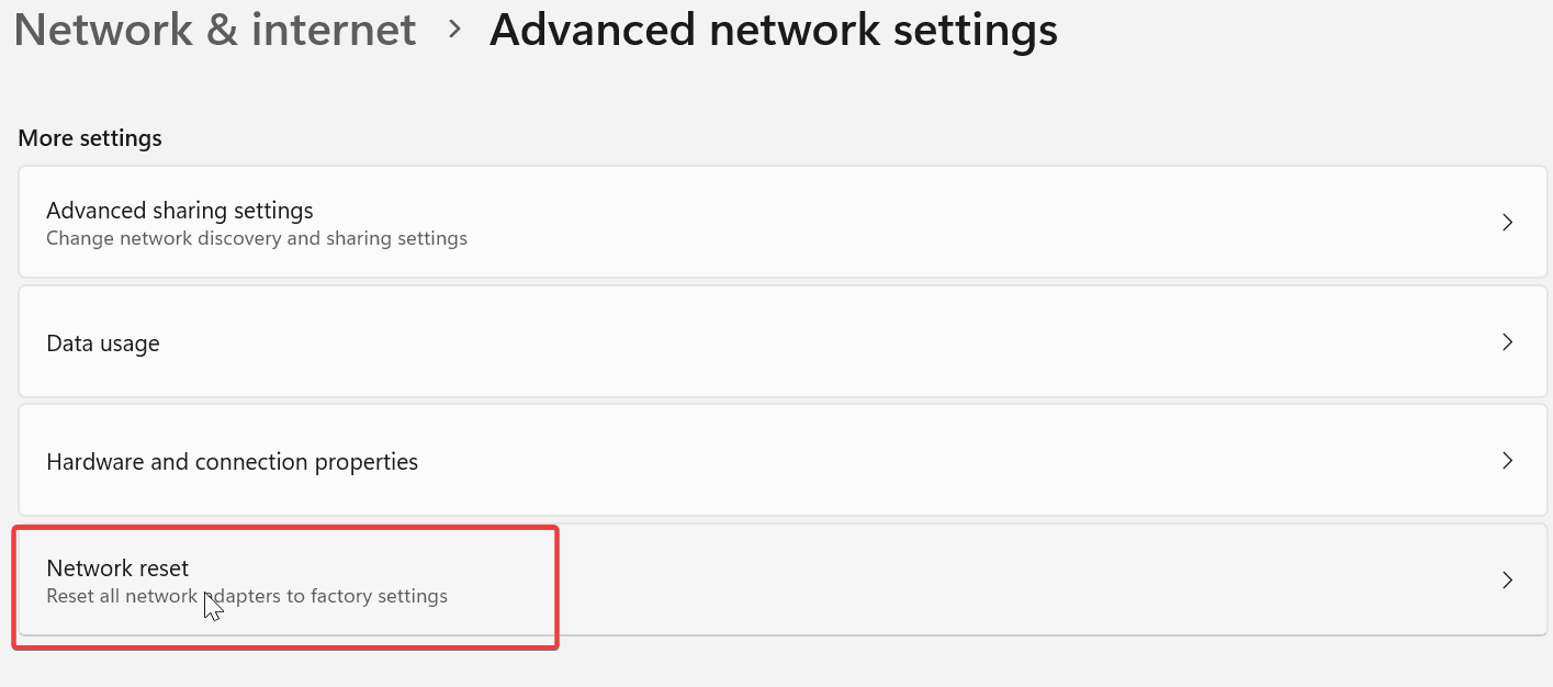 Опция Сброс сети в Windows 11
