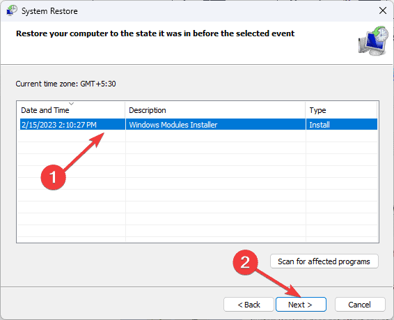 Select a restore point