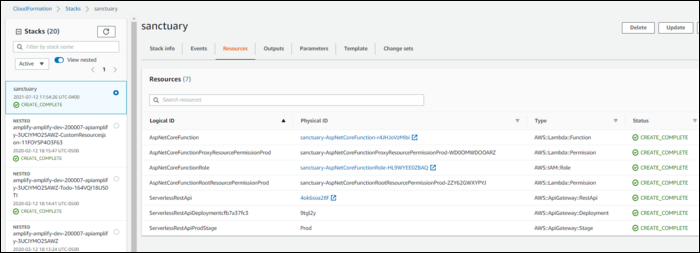 Просмотр стека CloudFormation в консоли AWS