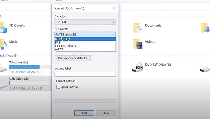 Окно форматирования USB в Windows со выбором NTFS