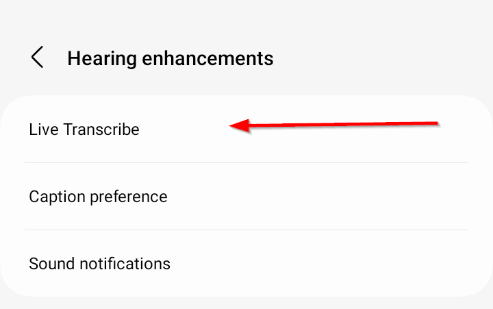 Опция «Live Transcribe» в меню улучшения слуха