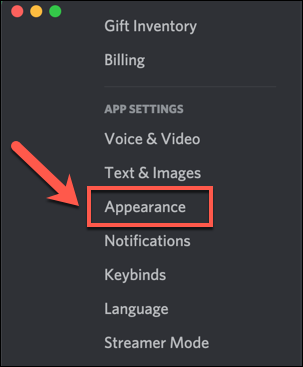 В меню настроек Discord выберите опцию «Внешний вид».