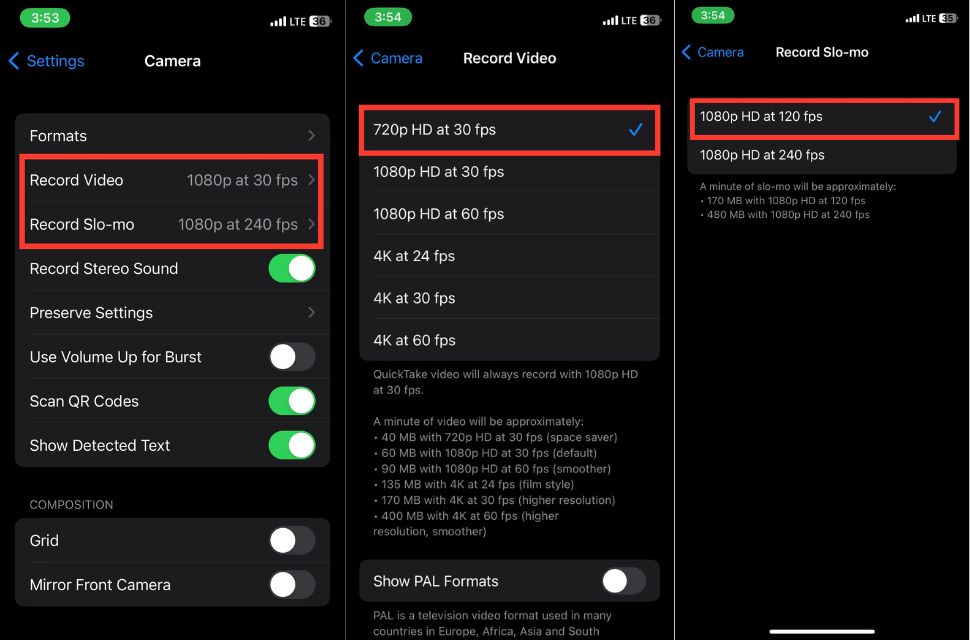 Ecrã Gravar vídeo com opções de resolução