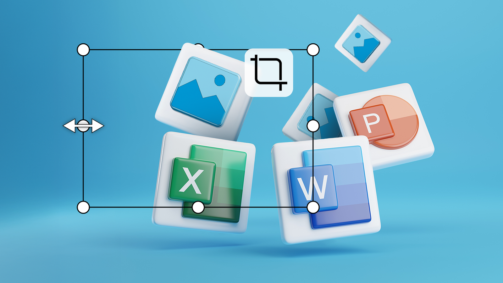 Ilustração 3D de ícones do Microsoft Excel, Word e PowerPoint com ferramenta de recorte sobreposta.