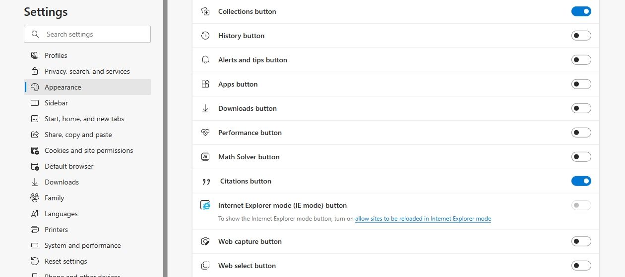 Внешний вид страницы настроек Edge