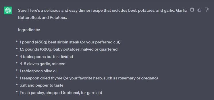 Пример рецепта, сгенерированного ChatGPT по ингредиентам