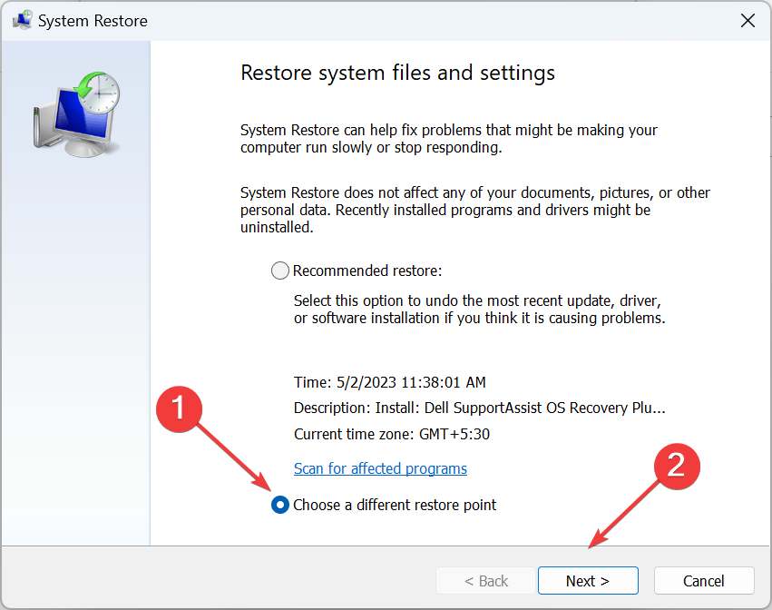 Выбор другой точки восстановления