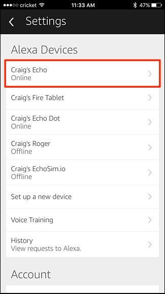 Список устройств Echo в приложении Alexa