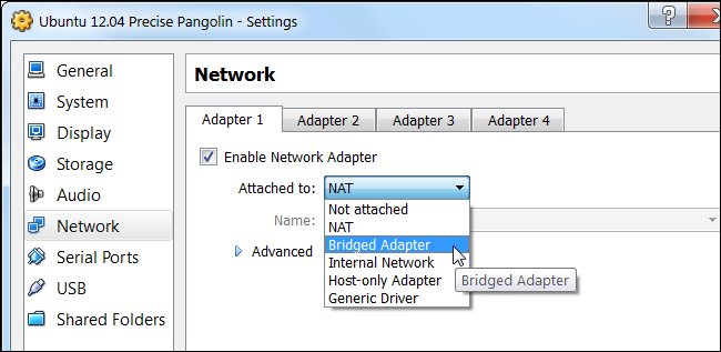 Параметры сетевого подключения VirtualBox с выбором Bridged