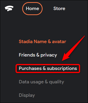 Ссылка «Purchases & Subscriptions» в настройках Stadia на сайте