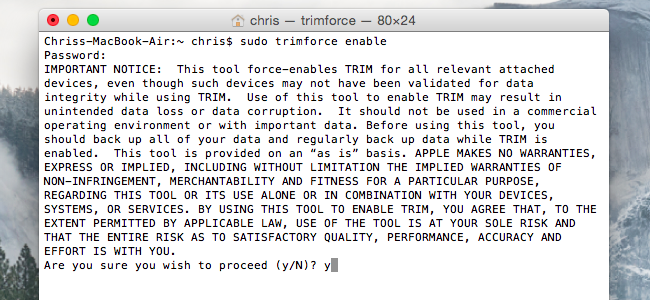 Скриншот предупреждения trimforce в Терминале