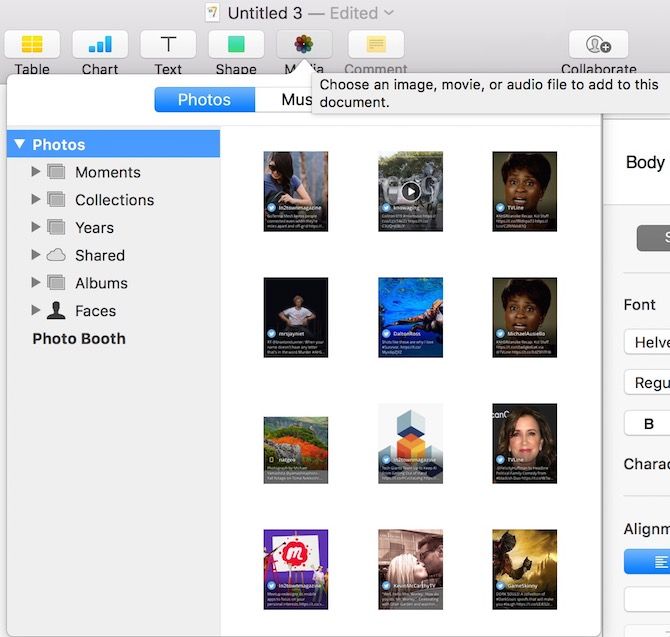 Панель Медиа в Pages