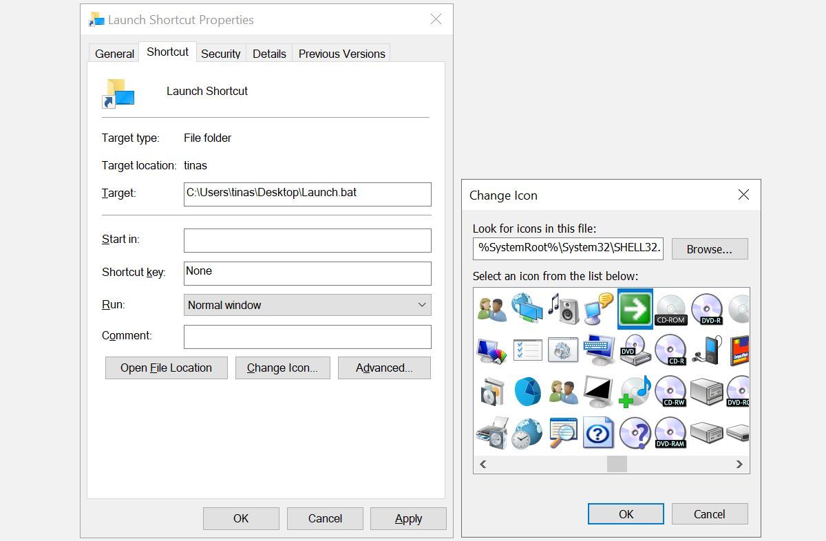 Смена иконки в свойствах файла Windows.