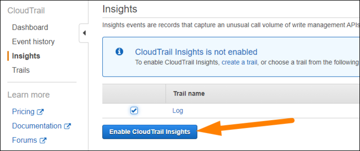 Включение CloudTrail Insights для анализа аномалий