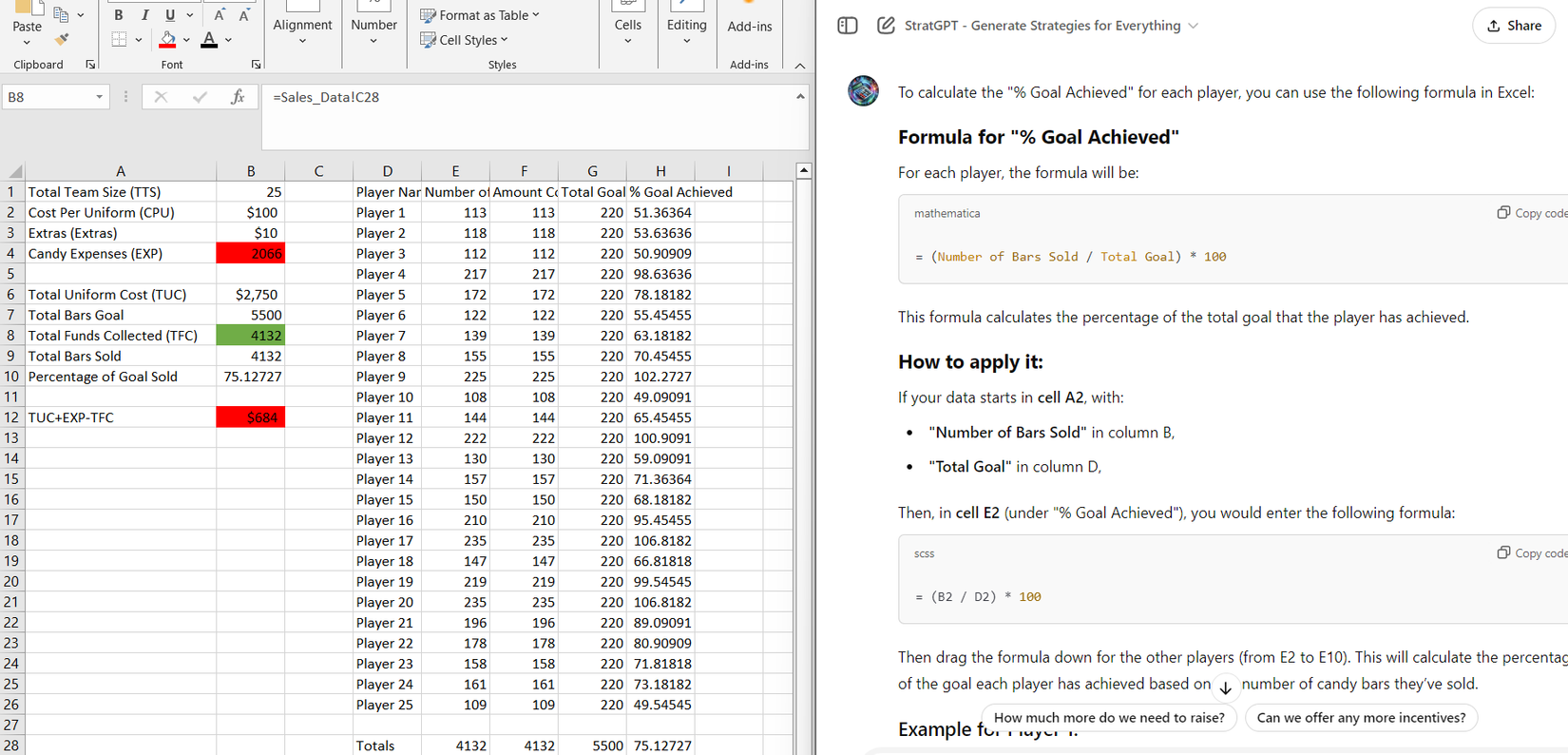 AI Excel Formula Generator GPT с открытой рабочей книгой Excel.