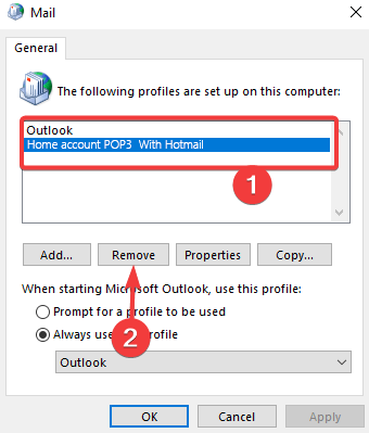 Подтверждение удаления профиля Outlook
