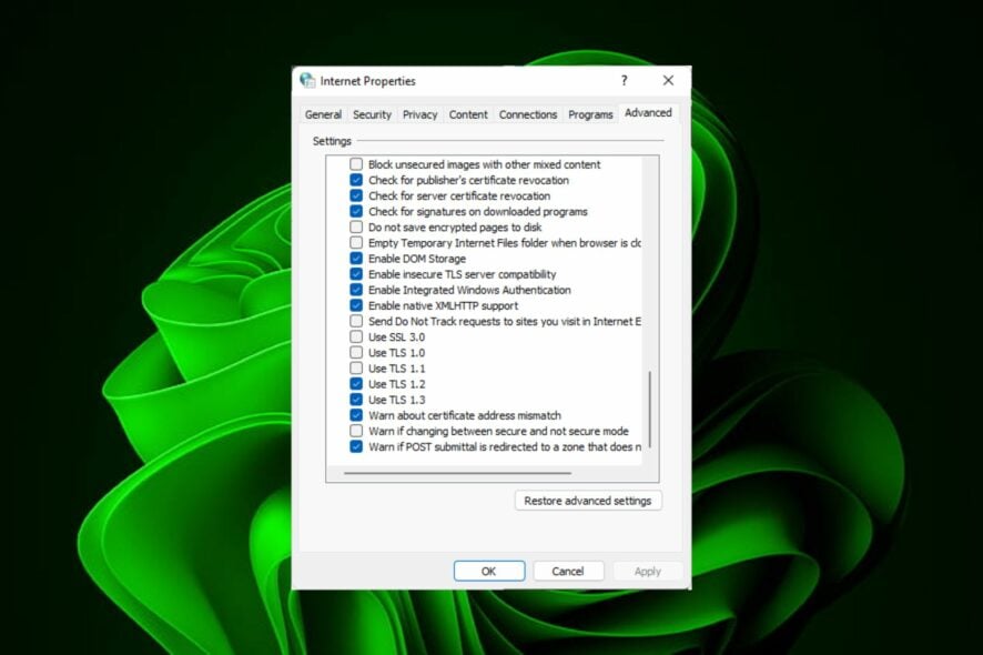 Включение TLS 1.0 и 1.1 в Windows 11