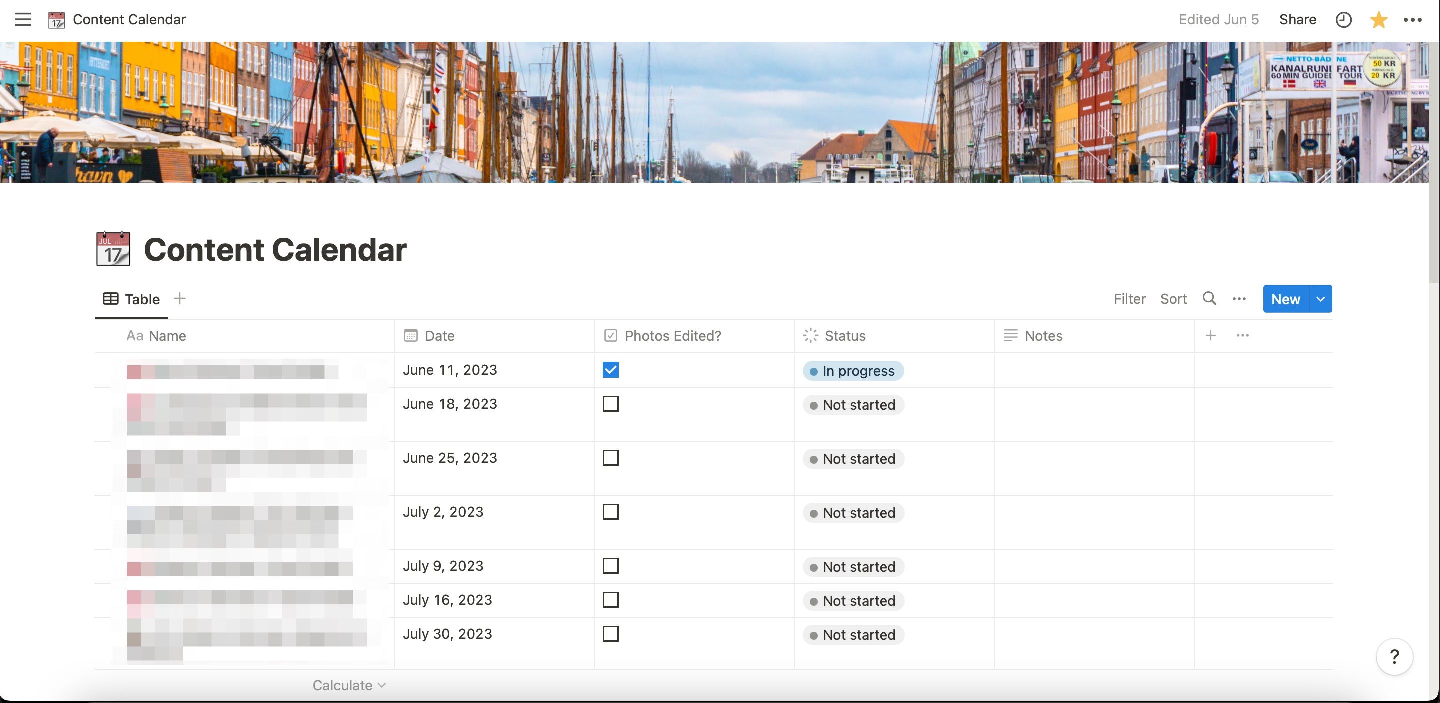 Пример контент-календаря в Notion