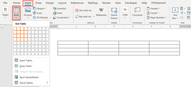 Вставьте таблицу в Word