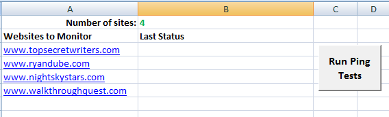 Макет листа для проверки доступности сайтов в Excel