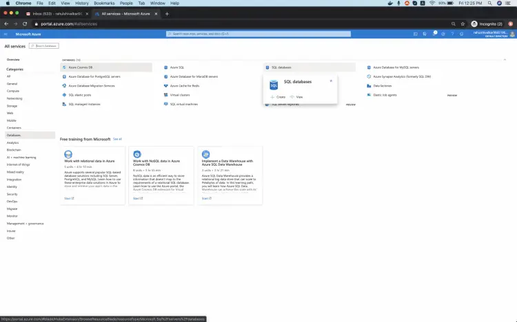 Список сервисов Azure с выделенным разделом Databases