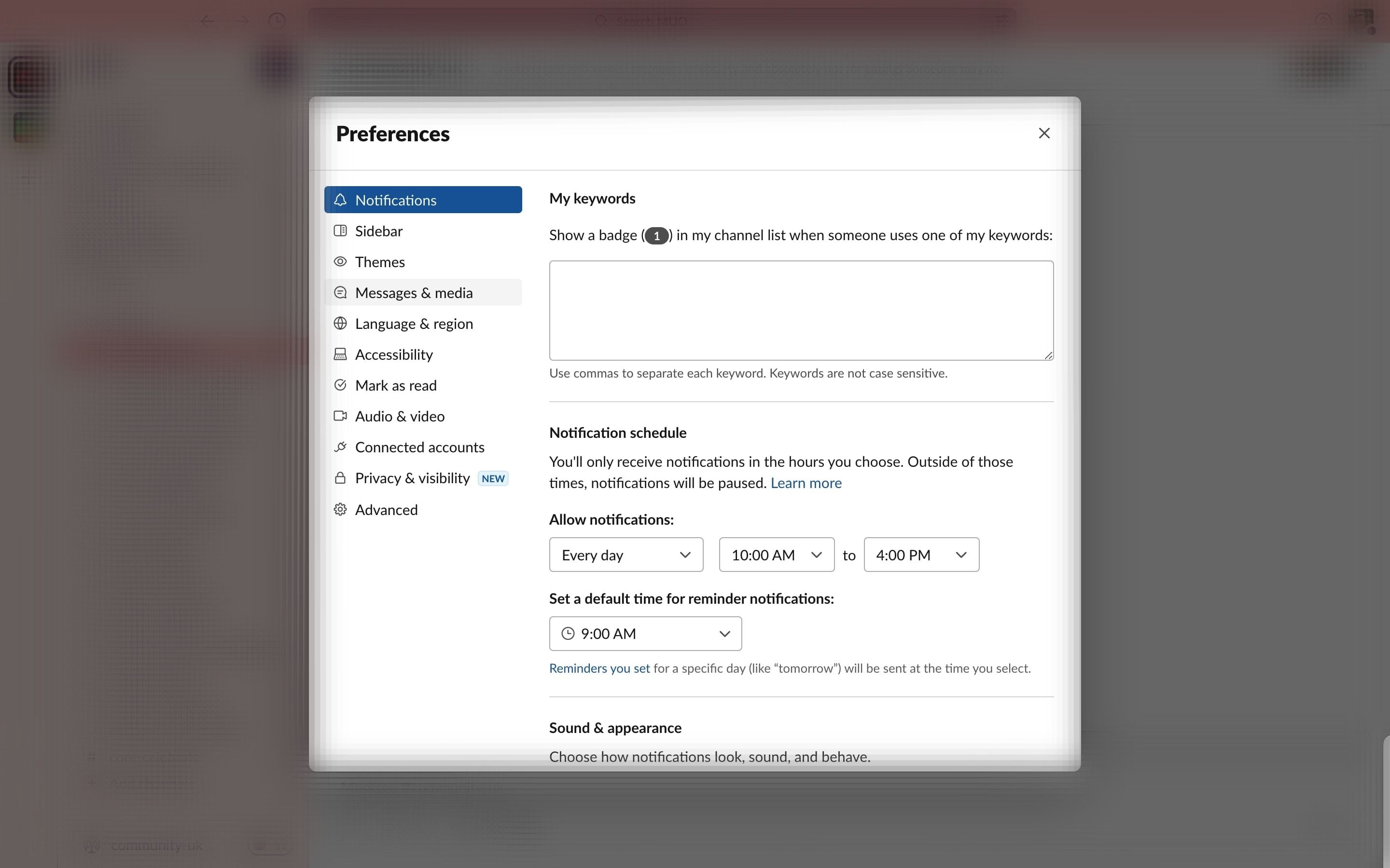 Скриншот настройки уведомлений по ключевым словам в Slack