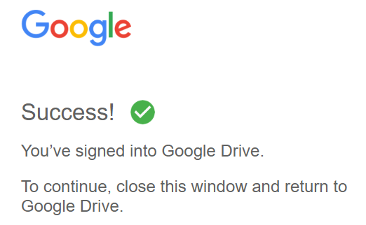 Сообщение об успешном входе в приложение Google Drive.